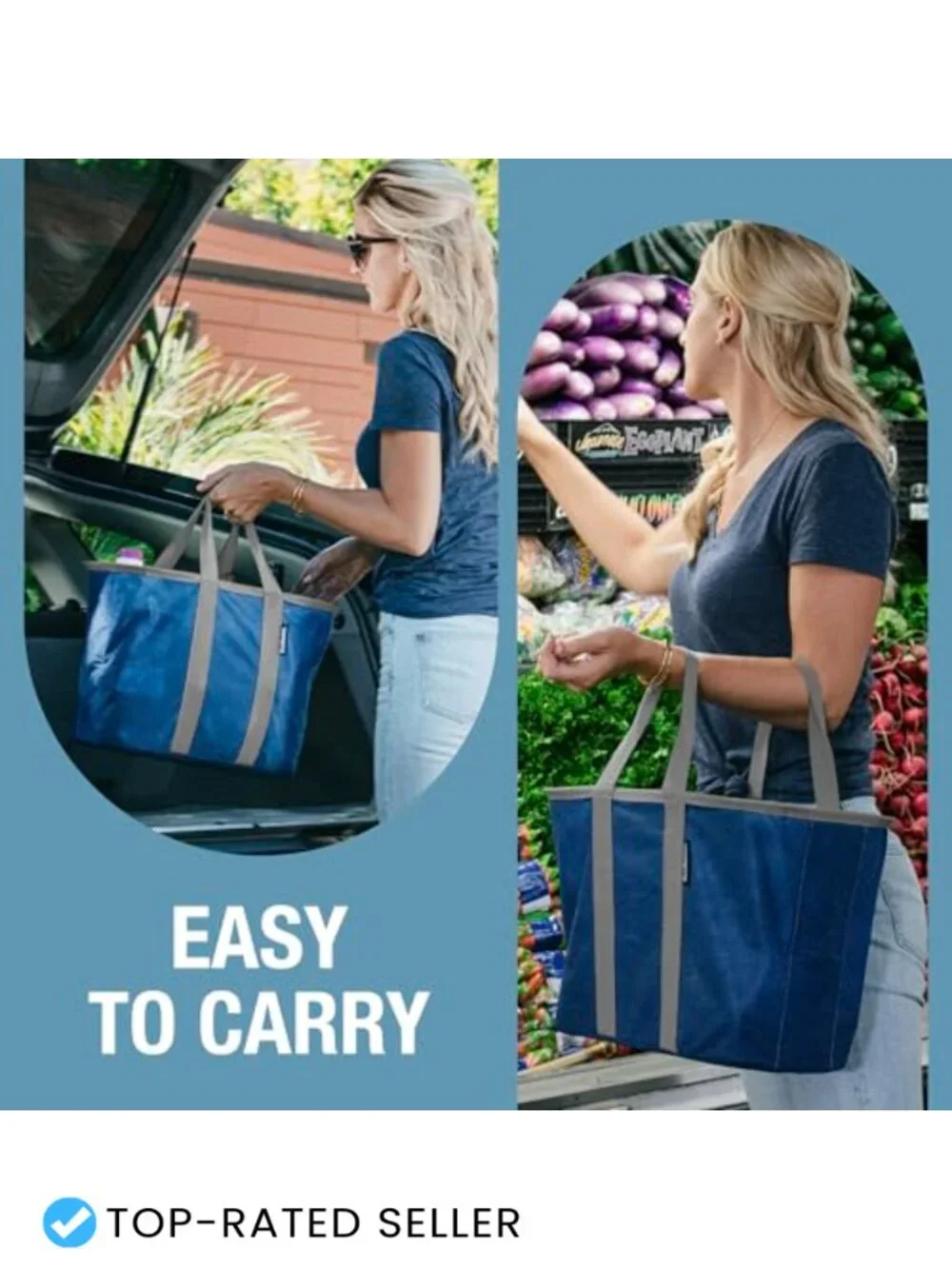 Collapsible Reusable Grocery Tote Basket with Steel Rim, Folds Flat